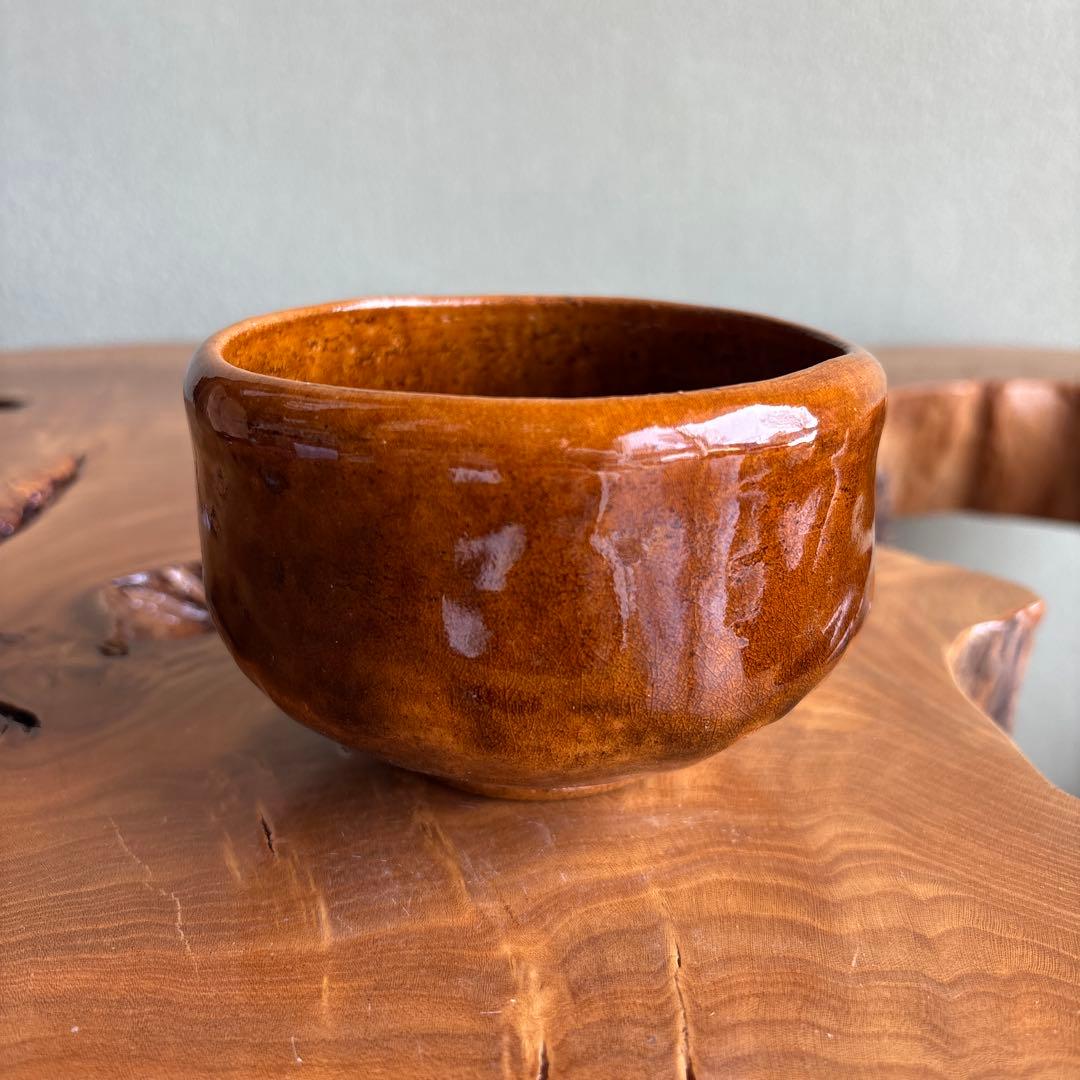 Ohi-Yaki Tea Bowl by Ohi Ippei | Amber Ame Glaze Chawan | Signed Box | Kaga Tradition