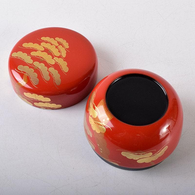 Vermilion Lacquer Hira-natsume by Saito Soho - Gold Old Pine Maki-e Tea Caddy with Box