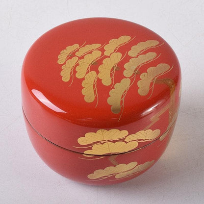 Vermilion Lacquer Hira-natsume by Saito Soho - Gold Old Pine Maki-e Tea Caddy with Box