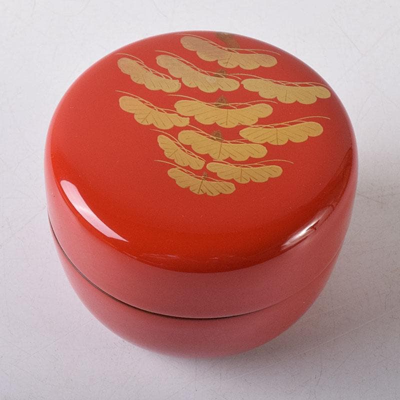 Vermilion Lacquer Hira-natsume by Saito Soho - Gold Old Pine Maki-e Tea Caddy with Box
