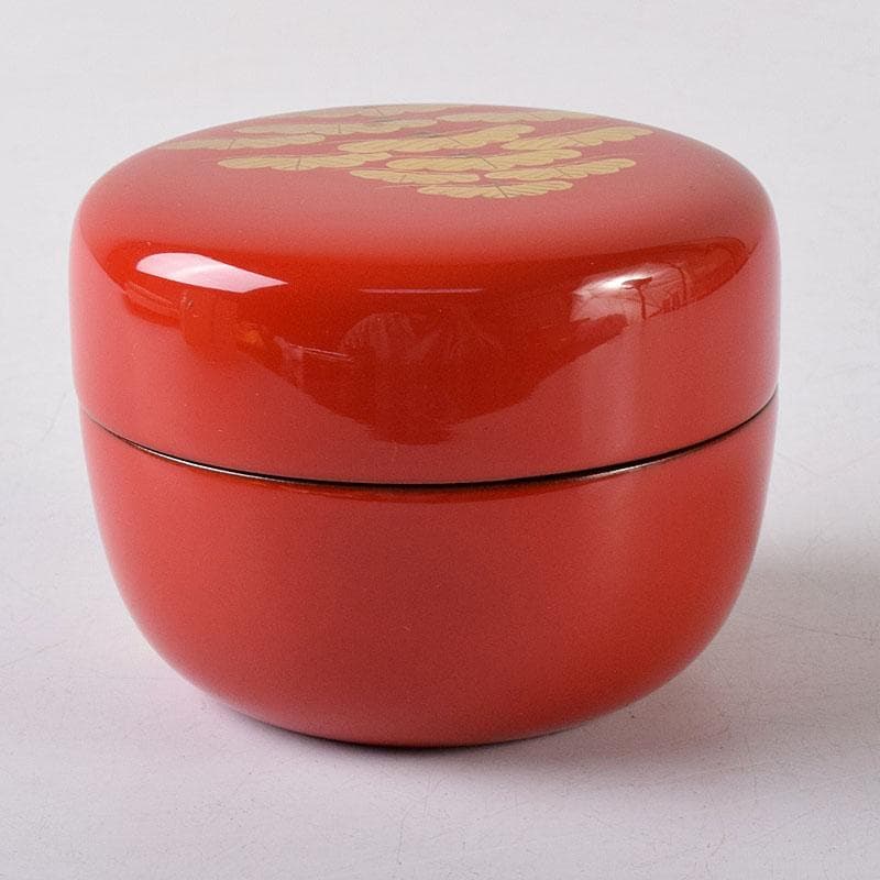 Vermilion Lacquer Hira-natsume by Saito Soho - Gold Old Pine Maki-e Tea Caddy with Box