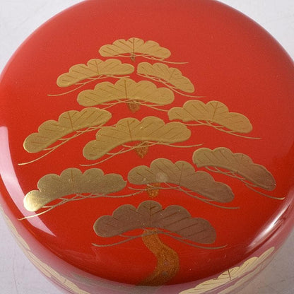 Vermilion Lacquer Hira-natsume by Saito Soho - Gold Old Pine Maki-e Tea Caddy with Box