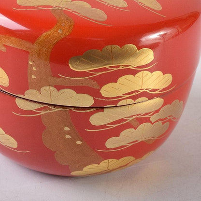 Vermilion Lacquer Hira-natsume by Saito Soho - Gold Old Pine Maki-e Tea Caddy with Box
