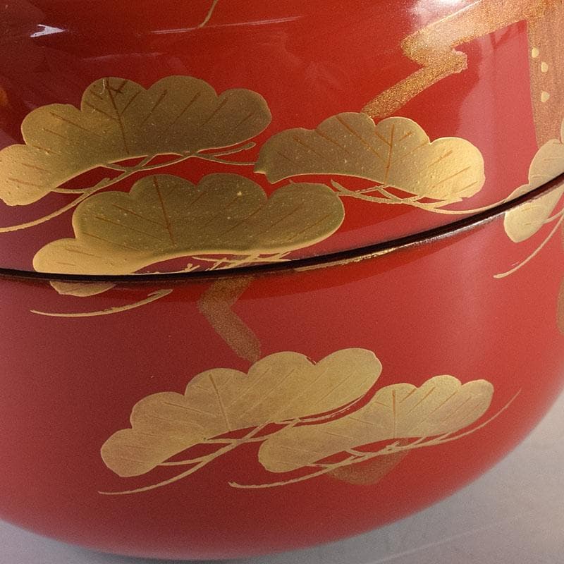 Vermilion Lacquer Hira-natsume by Saito Soho - Gold Old Pine Maki-e Tea Caddy with Box