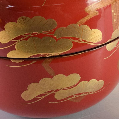 Vermilion Lacquer Hira-natsume by Saito Soho - Gold Old Pine Maki-e Tea Caddy with Box