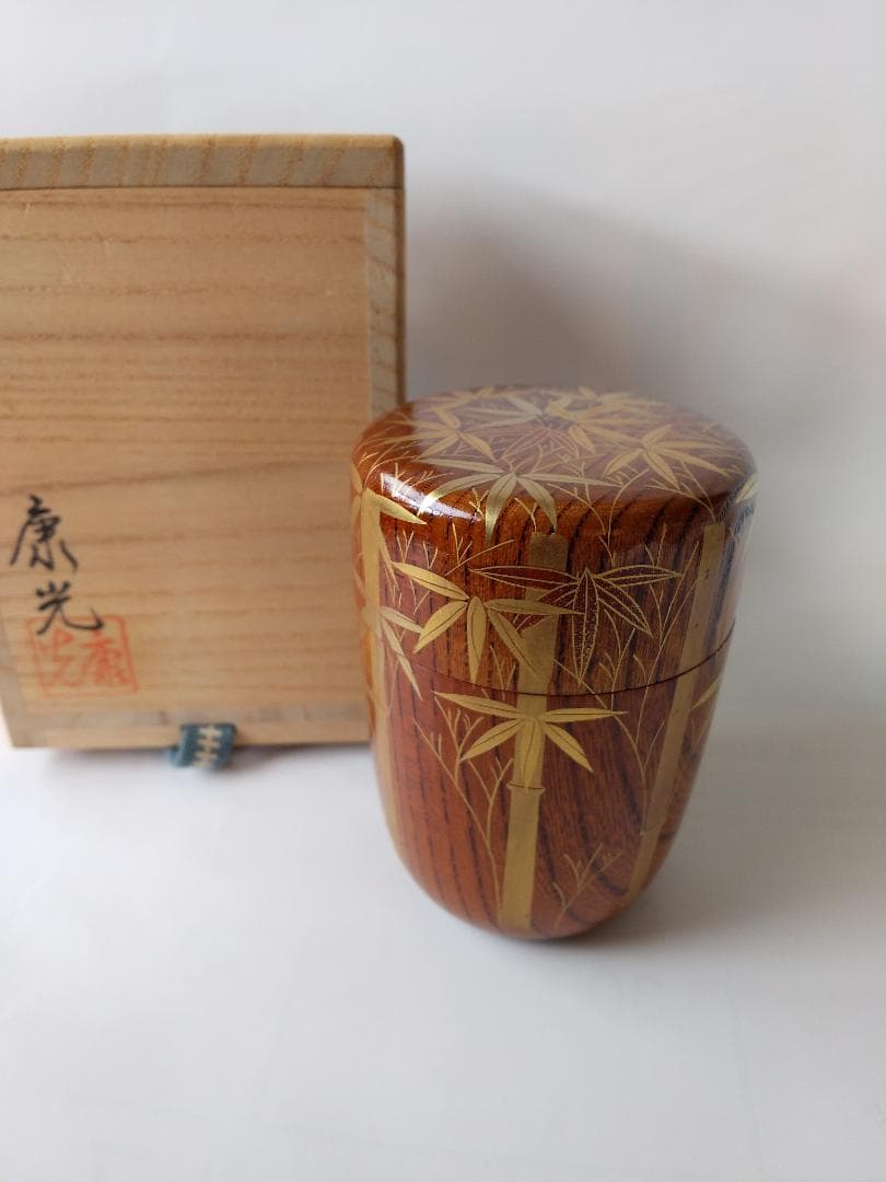 Kaga Maki-e Natsume Tea Caddy — Bamboo Grove by Okamoto Yasumitsu, Signed Tomobako, New Unused