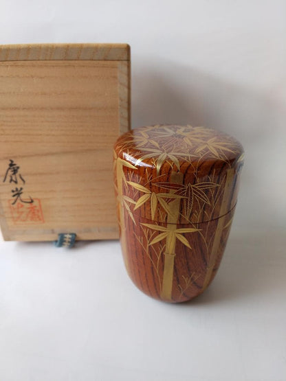 Kaga Maki-e Natsume Tea Caddy — Bamboo Grove by Okamoto Yasumitsu, Signed Tomobako, New Unused