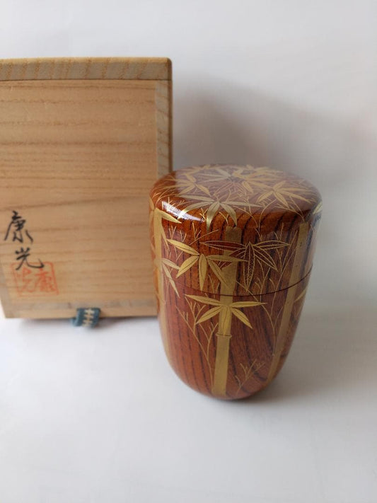Kaga Maki-e Natsume Tea Caddy — Bamboo Grove by Okamoto Yasumitsu, Signed Tomobako, New Unused
