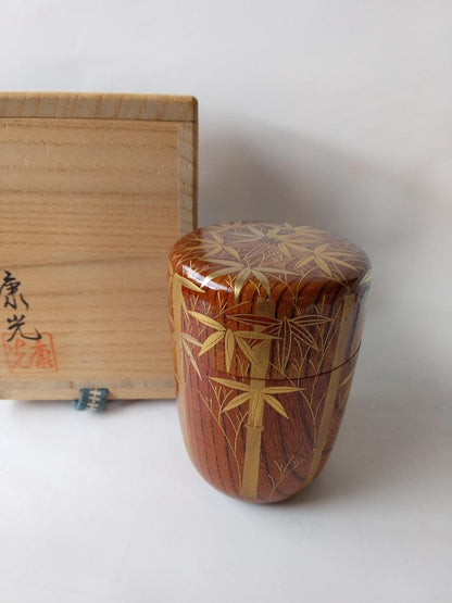 Kaga Maki-e Natsume Tea Caddy — Bamboo Grove by Okamoto Yasumitsu, Signed Tomobako, New Unused