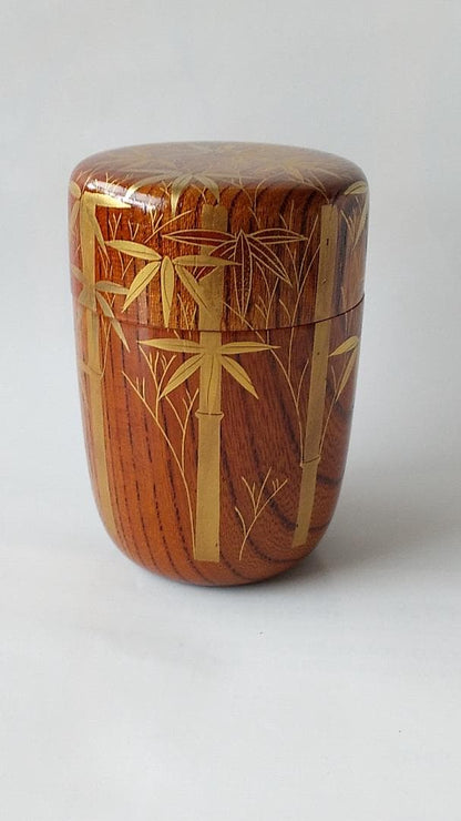 Kaga Maki-e Natsume Tea Caddy — Bamboo Grove by Okamoto Yasumitsu, Signed Tomobako, New Unused
