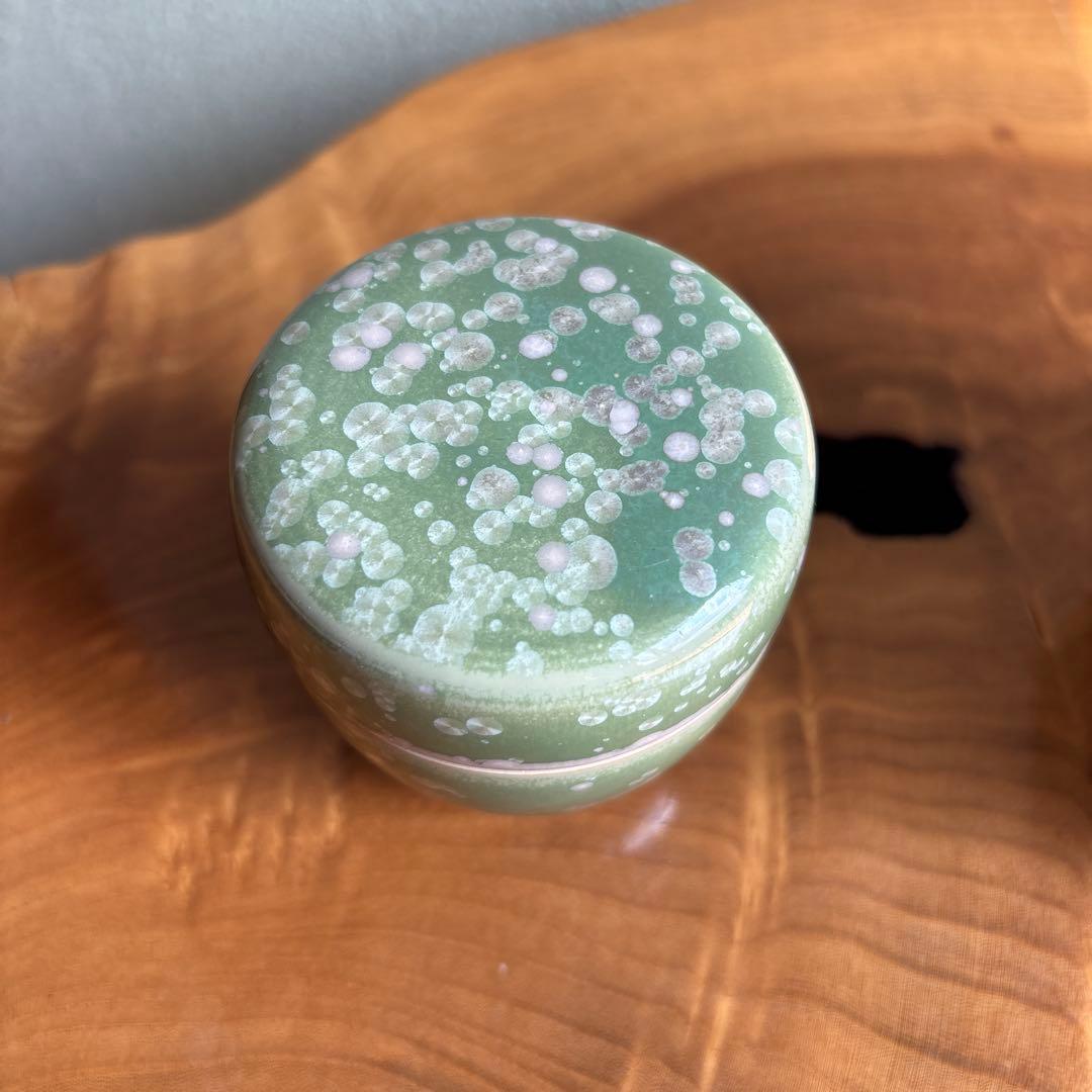 Tobe Ware Cha-ire Green Crystalline Glaze Tea Caddy by Tange Wakichi — Wako-gama, Tomobako