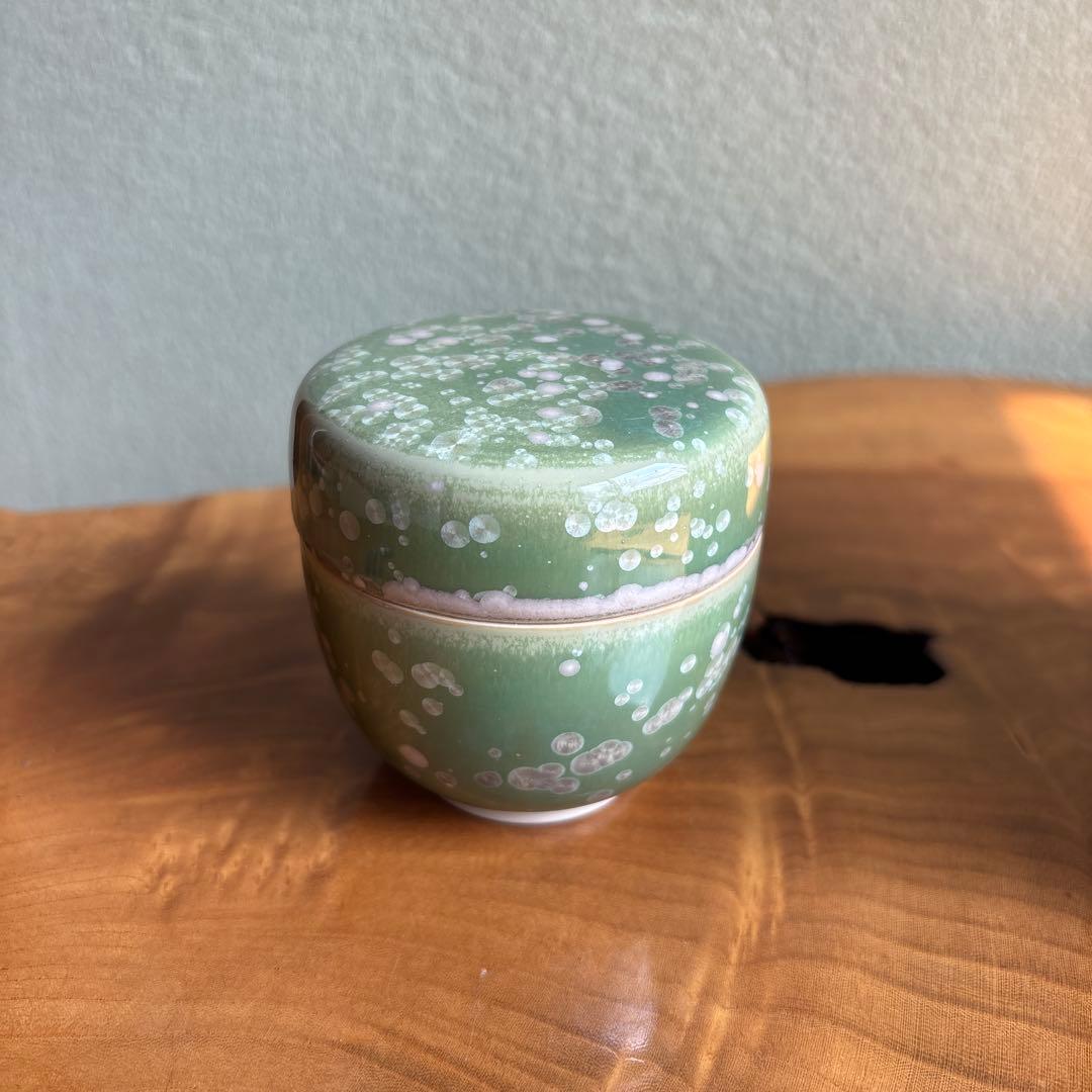 Tobe Ware Cha-ire Green Crystalline Glaze Tea Caddy by Tange Wakichi — Wako-gama, Tomobako