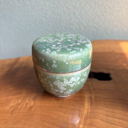 Tobe Ware Cha-ire Green Crystalline Glaze Tea Caddy by Tange Wakichi — Wako-gama, Tomobako