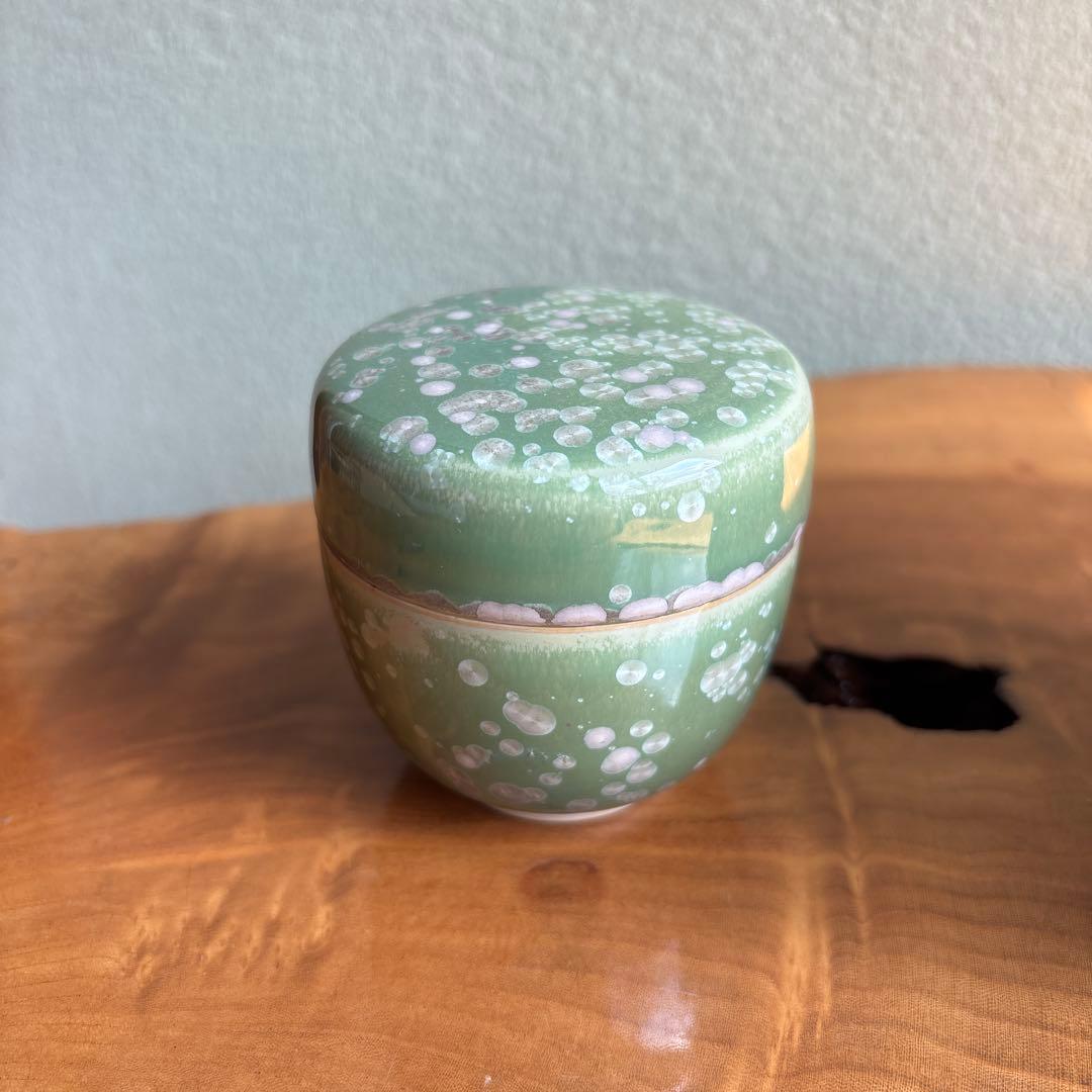 Tobe Ware Cha-ire Green Crystalline Glaze Tea Caddy by Tange Wakichi — Wako-gama, Tomobako