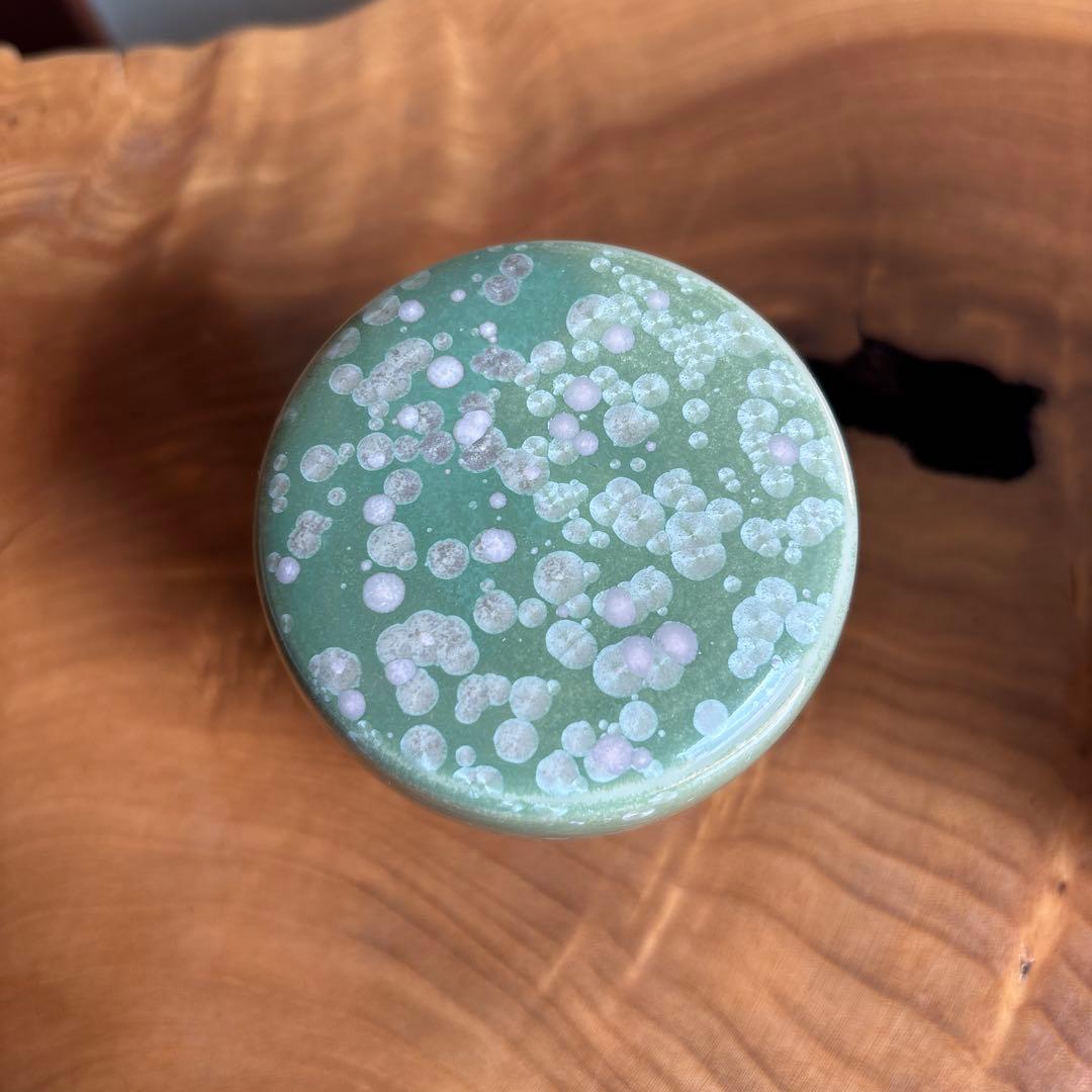 Tobe Ware Cha-ire Green Crystalline Glaze Tea Caddy by Tange Wakichi — Wako-gama, Tomobako