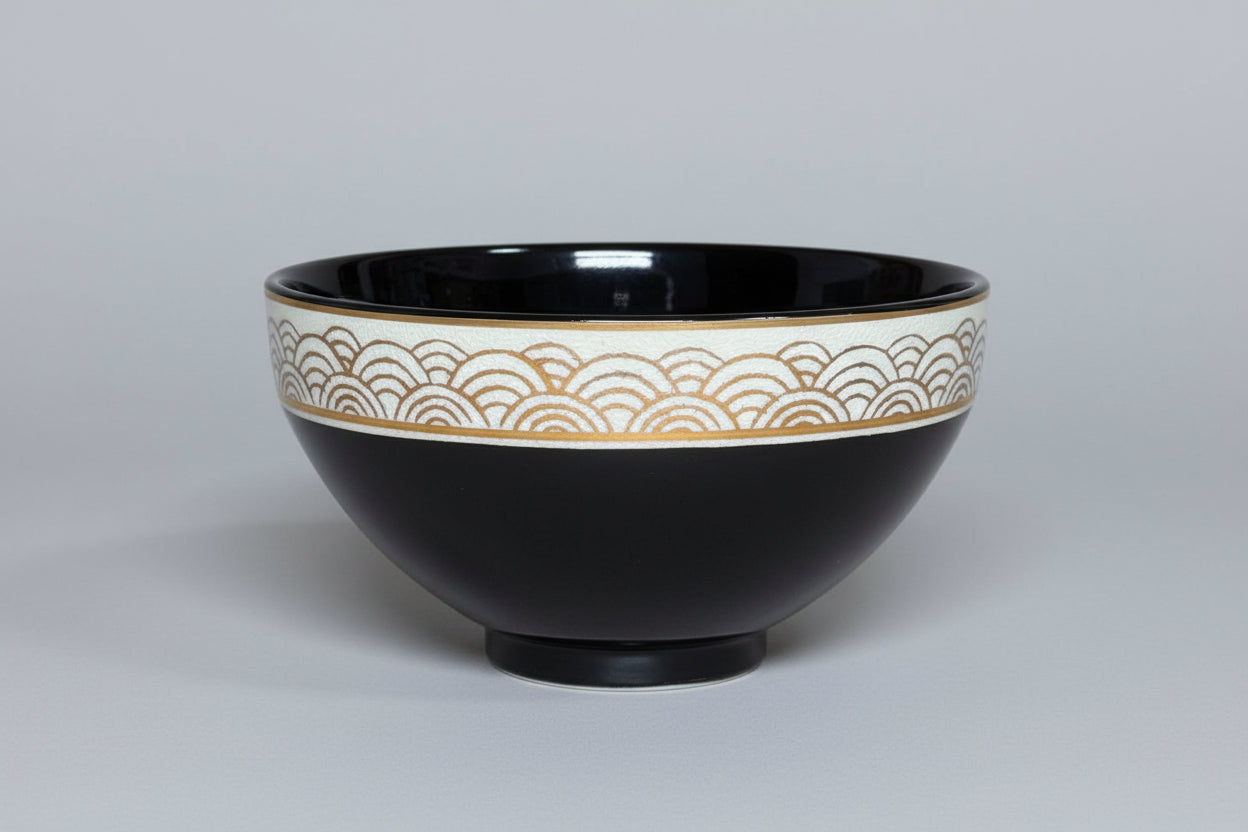 Oguri Seiho Kochi Tenmoku Tea Bowl - Seigaiha Wave Pattern Kyoto Ware Chawan