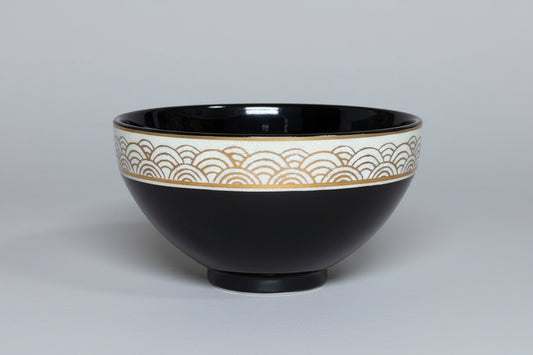 Oguri Seiho Kochi Tenmoku Tea Bowl - Seigaiha Wave Pattern Kyoto Ware Chawan