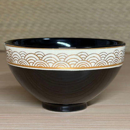 Oguri Seiho Kochi Tenmoku Tea Bowl - Seigaiha Wave Pattern Kyoto Ware Chawan