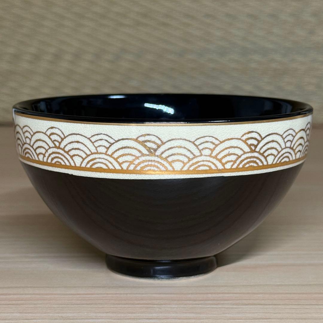 Oguri Seiho Kochi Tenmoku Tea Bowl - Seigaiha Wave Pattern Kyoto Ware Chawan
