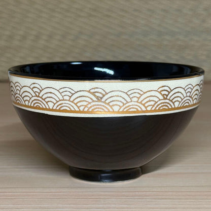 Oguri Seiho Kochi Tenmoku Tea Bowl - Seigaiha Wave Pattern Kyoto Ware Chawan