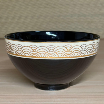 Oguri Seiho Kochi Tenmoku Tea Bowl - Seigaiha Wave Pattern Kyoto Ware Chawan