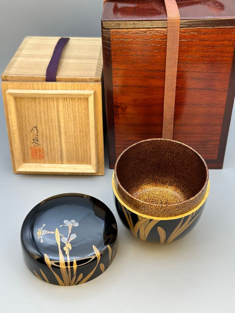Narcissus Maki-e Lacquer Natsume by Miura Meiho - Gold Tea Caddy with Double Box