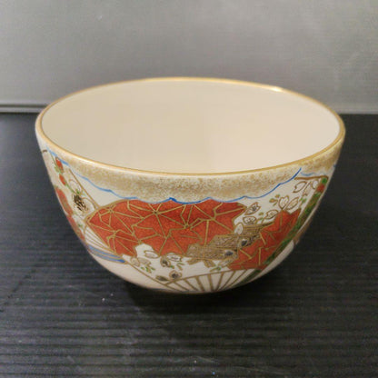 Hashimoto Shiun Ninsei-Style Senmen Fan Tea Bowl Kyo-yaki Chawan Gold Iro-e