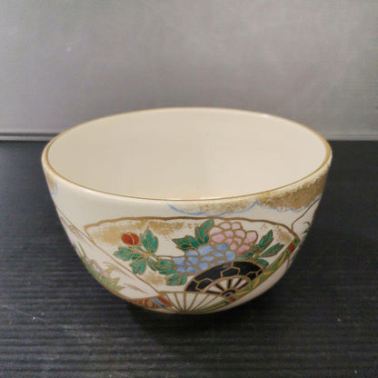 Hashimoto Shiun Ninsei-Style Senmen Fan Tea Bowl Kyo-yaki Chawan Gold Iro-e