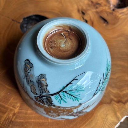 Mother Monkey Matcha Bowl by Sandai Gyokudo Kiln — Ko-Daki-Saru Iro-e on Celadon, Signed Tomobako