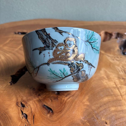 Mother Monkey Matcha Bowl by Sandai Gyokudo Kiln — Ko-Daki-Saru Iro-e on Celadon, Signed Tomobako