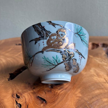 Mother Monkey Matcha Bowl by Sandai Gyokudo Kiln — Ko-Daki-Saru Iro-e on Celadon, Signed Tomobako