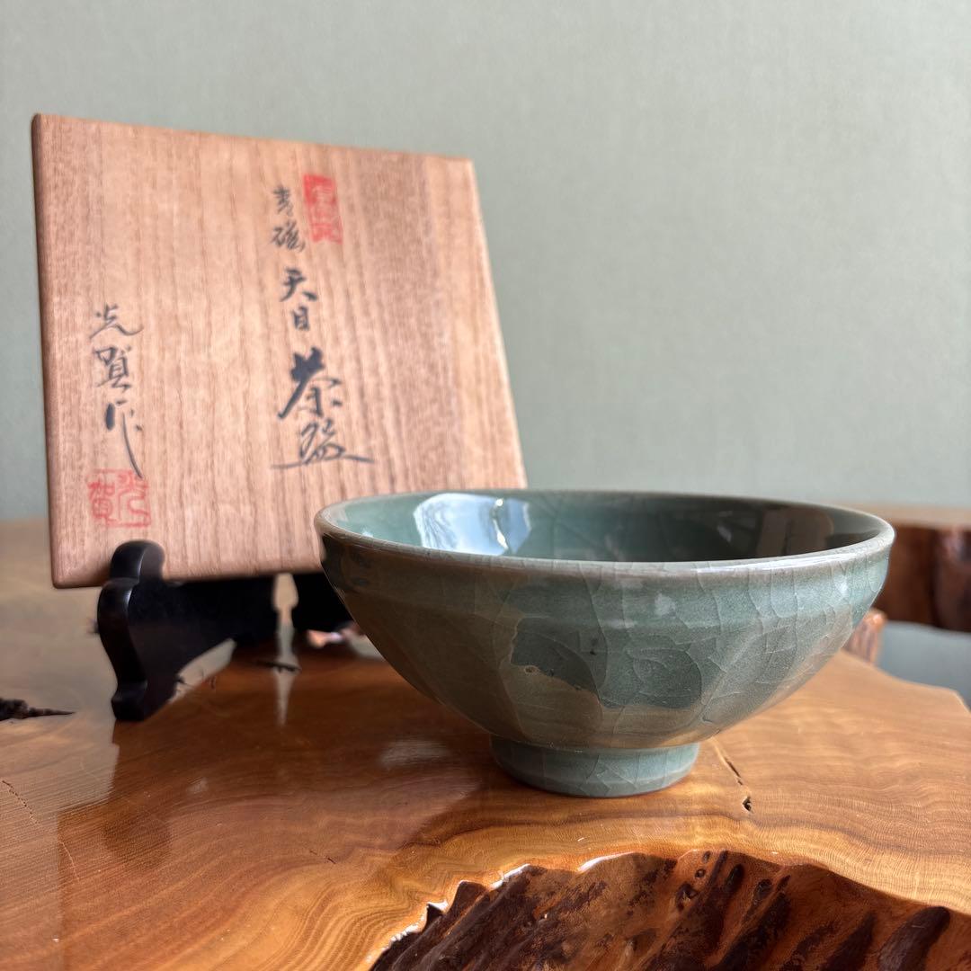 Celadon Tenmoku Chawan by Kaneno Kouga — Onomichi Arijin Kiln Jade Green Tea Bowl