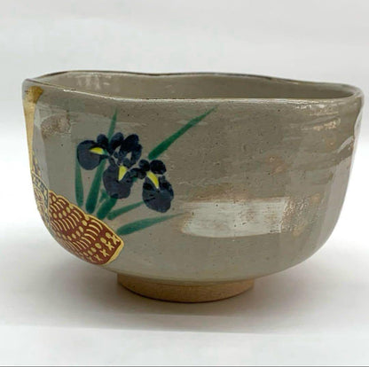 Kenzan-Style Kabuto Helmet Tea Bowl by Kansui - Somayama Ware Iris Chawan with Box