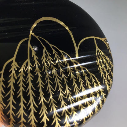Gold Maki-e Willow Natsume by Nishimura Koho - Black Lacquer Tea Caddy with Signed Box