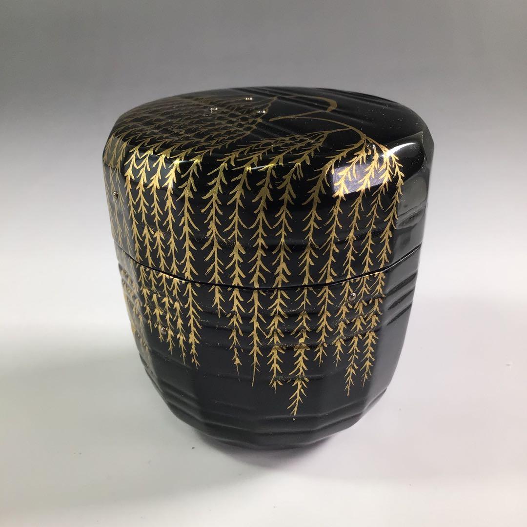 Gold Maki-e Willow Natsume by Nishimura Koho - Black Lacquer Tea Caddy with Signed Box