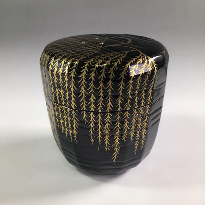 Gold Maki-e Willow Natsume by Nishimura Koho - Black Lacquer Tea Caddy with Signed Box