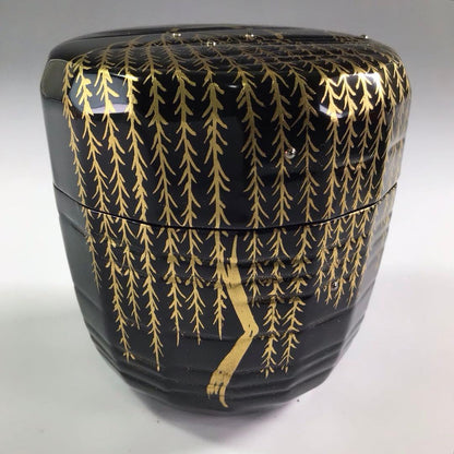 Gold Maki-e Willow Natsume by Nishimura Koho - Black Lacquer Tea Caddy with Signed Box