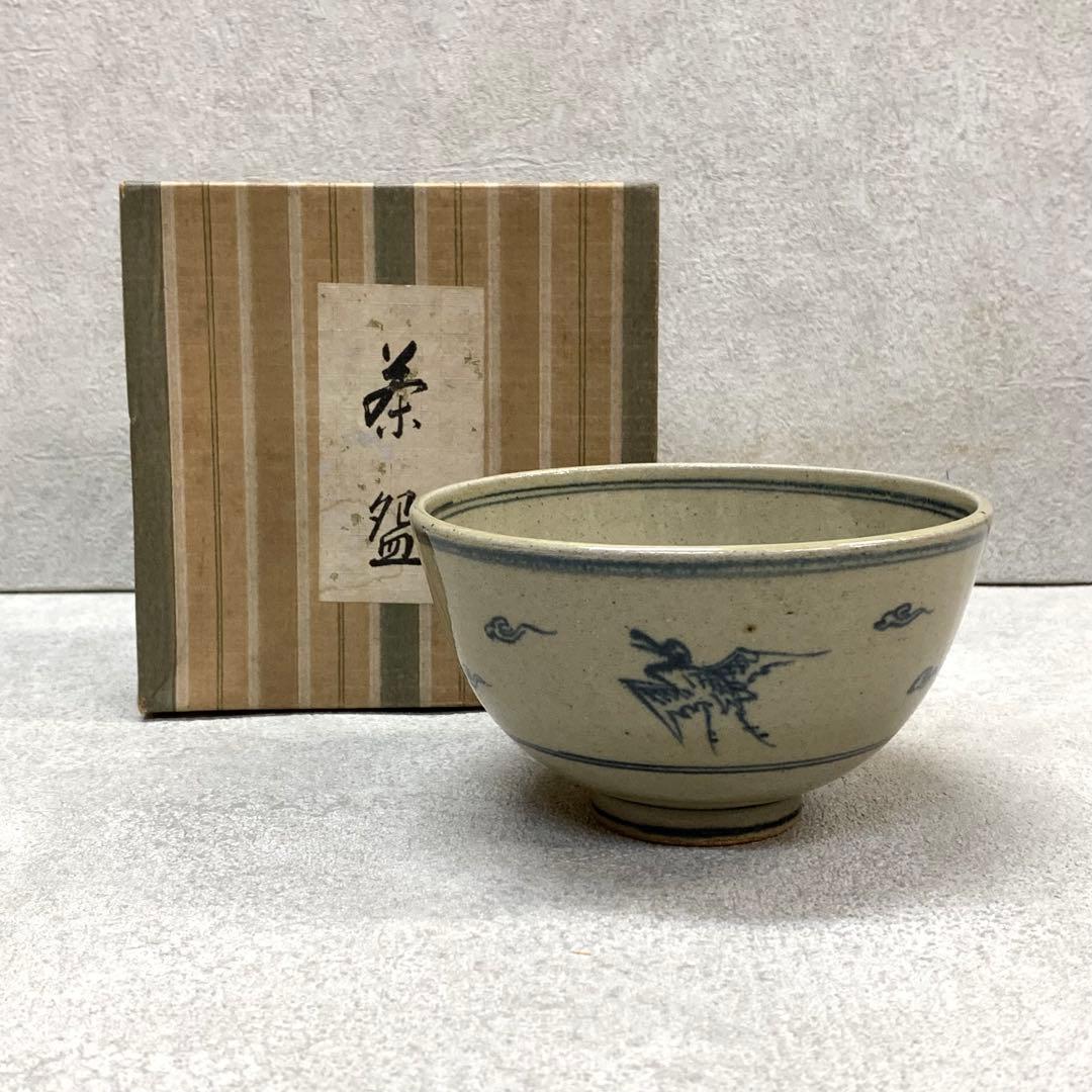 Zeze-yaki Annan-utsushi Cloud Crane Chawan — Blue Sometsuke Tea Bowl Shiga Prefecture