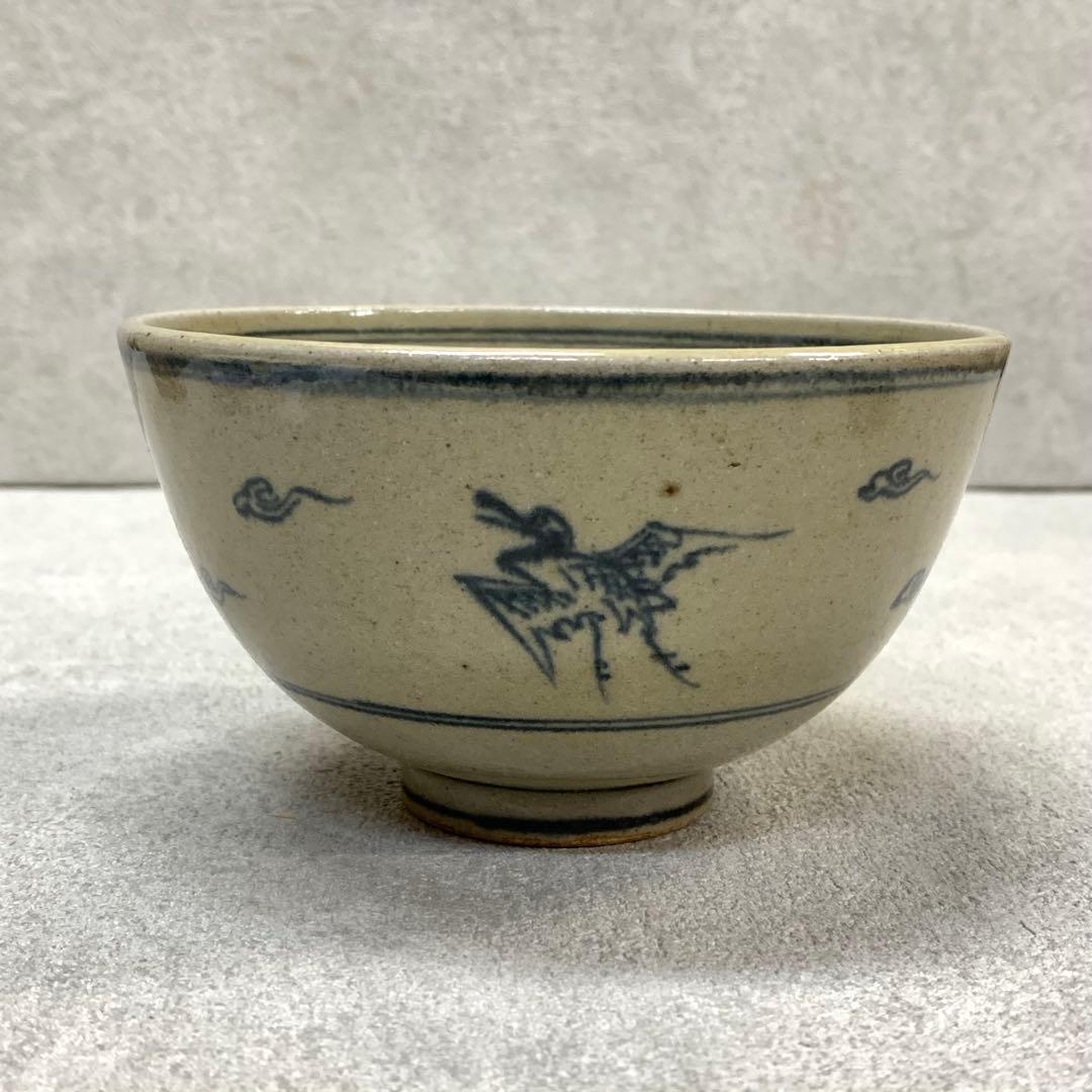 Zeze-yaki Annan-utsushi Cloud Crane Chawan — Blue Sometsuke Tea Bowl Shiga Prefecture
