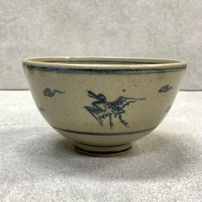 Zeze-yaki Annan-utsushi Cloud Crane Chawan — Blue Sometsuke Tea Bowl Shiga Prefecture