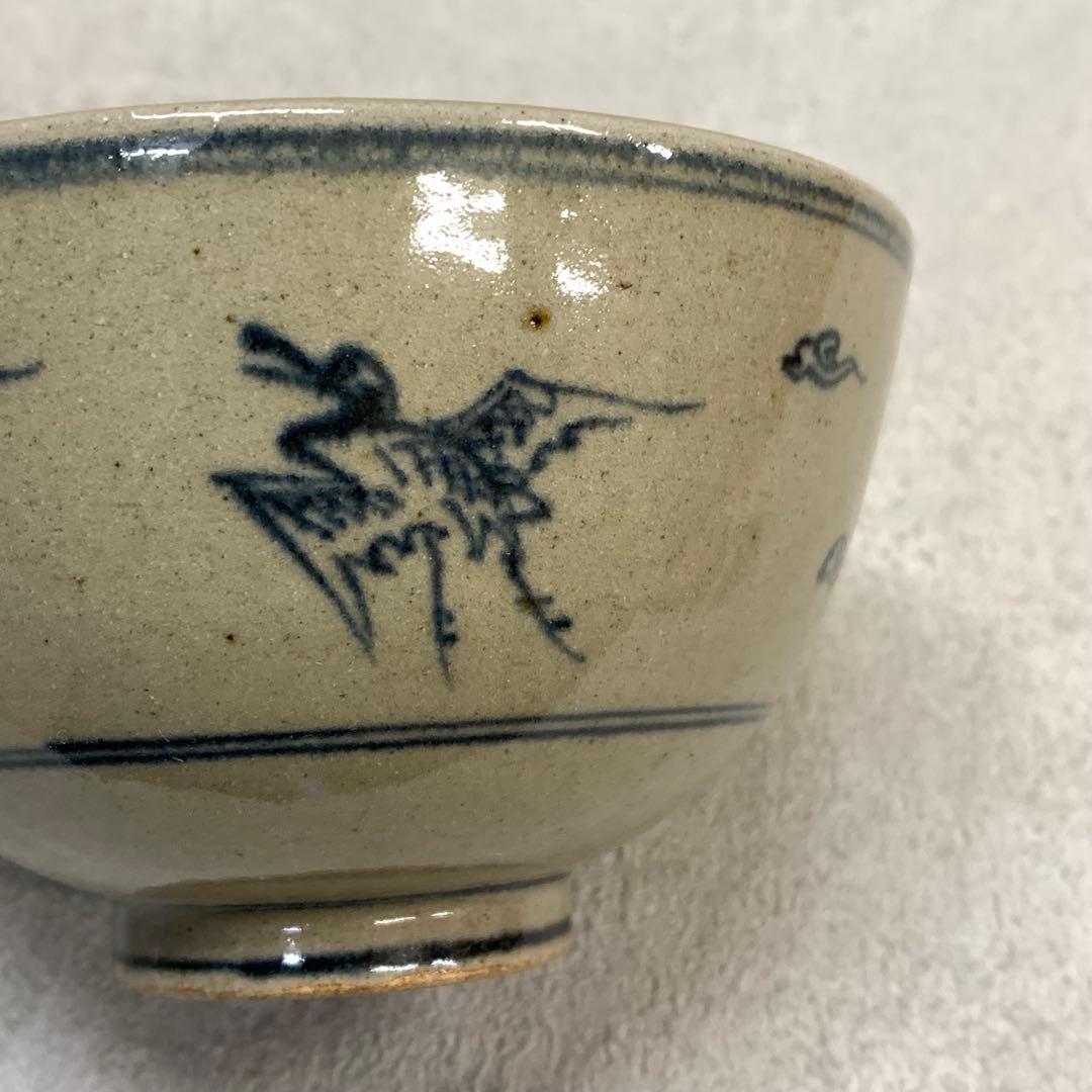 Zeze-yaki Annan-utsushi Cloud Crane Chawan — Blue Sometsuke Tea Bowl Shiga Prefecture
