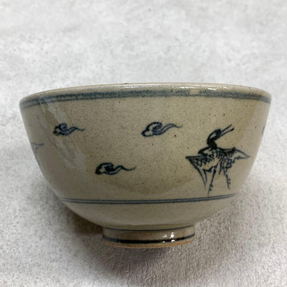 Zeze-yaki Annan-utsushi Cloud Crane Chawan — Blue Sometsuke Tea Bowl Shiga Prefecture