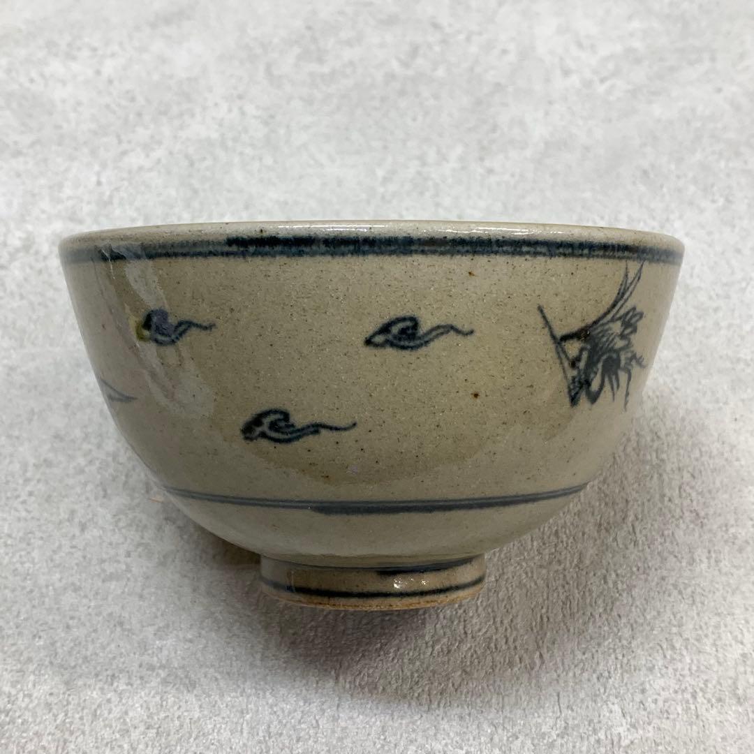 Zeze-yaki Annan-utsushi Cloud Crane Chawan — Blue Sometsuke Tea Bowl Shiga Prefecture