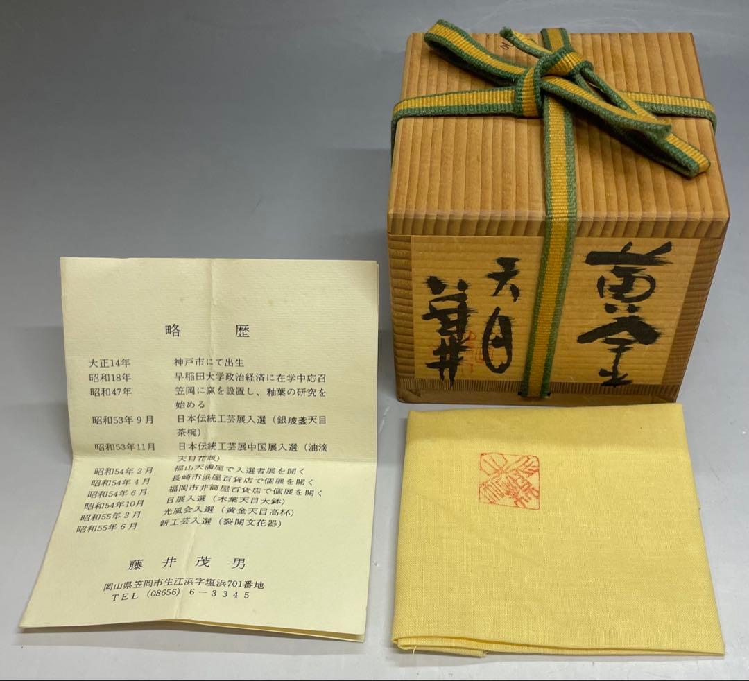 Ogon Tenmoku Guinomi by Fujii Shigeo | Golden Crystalline Glaze Sake Cup with Box