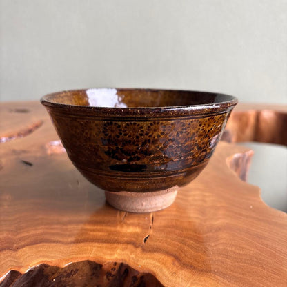 Oil Spot Glaze Tea Bowl by Soryu - Kiyomizu Ware Amber Chawan with Signed Box