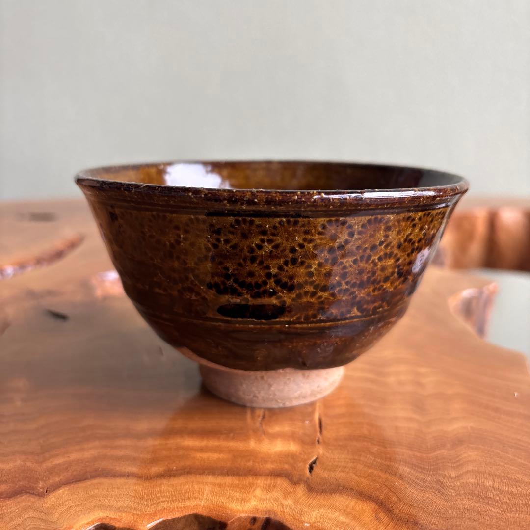 Oil Spot Glaze Tea Bowl by Soryu - Kiyomizu Ware Amber Chawan with Signed Box