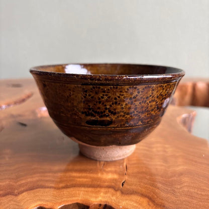 Oil Spot Glaze Tea Bowl by Soryu - Kiyomizu Ware Amber Chawan with Signed Box