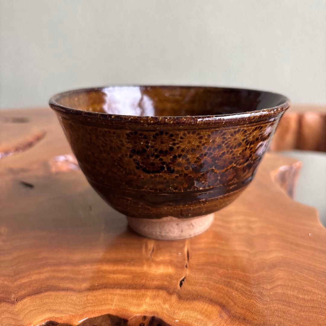 Oil Spot Glaze Tea Bowl by Soryu - Kiyomizu Ware Amber Chawan with Signed Box