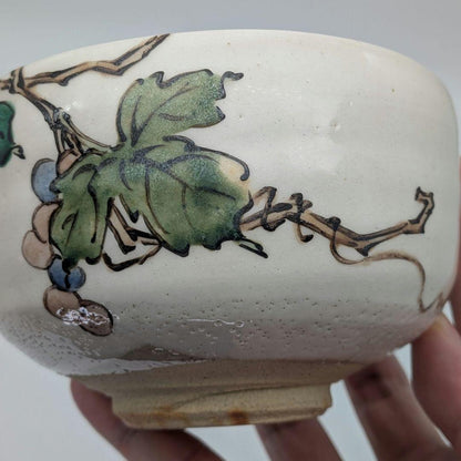 Iro-e Grape Vine Tea Bowl by Rikiishi Shunji — Polychrome Mashiko Chawan
