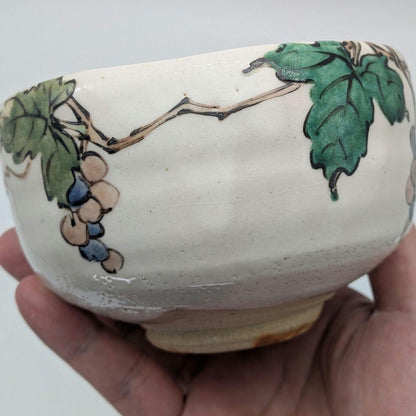 Iro-e Grape Vine Tea Bowl by Rikiishi Shunji — Polychrome Mashiko Chawan